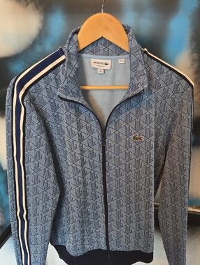 Lacoste Light Blue Geometric Zip-Front Track Jacket with Navy Stripes